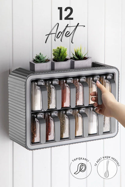 طقم 12 بُرطمان توابل مع حامل وملصقات – ترتيب مثالي ولمسة عصرية