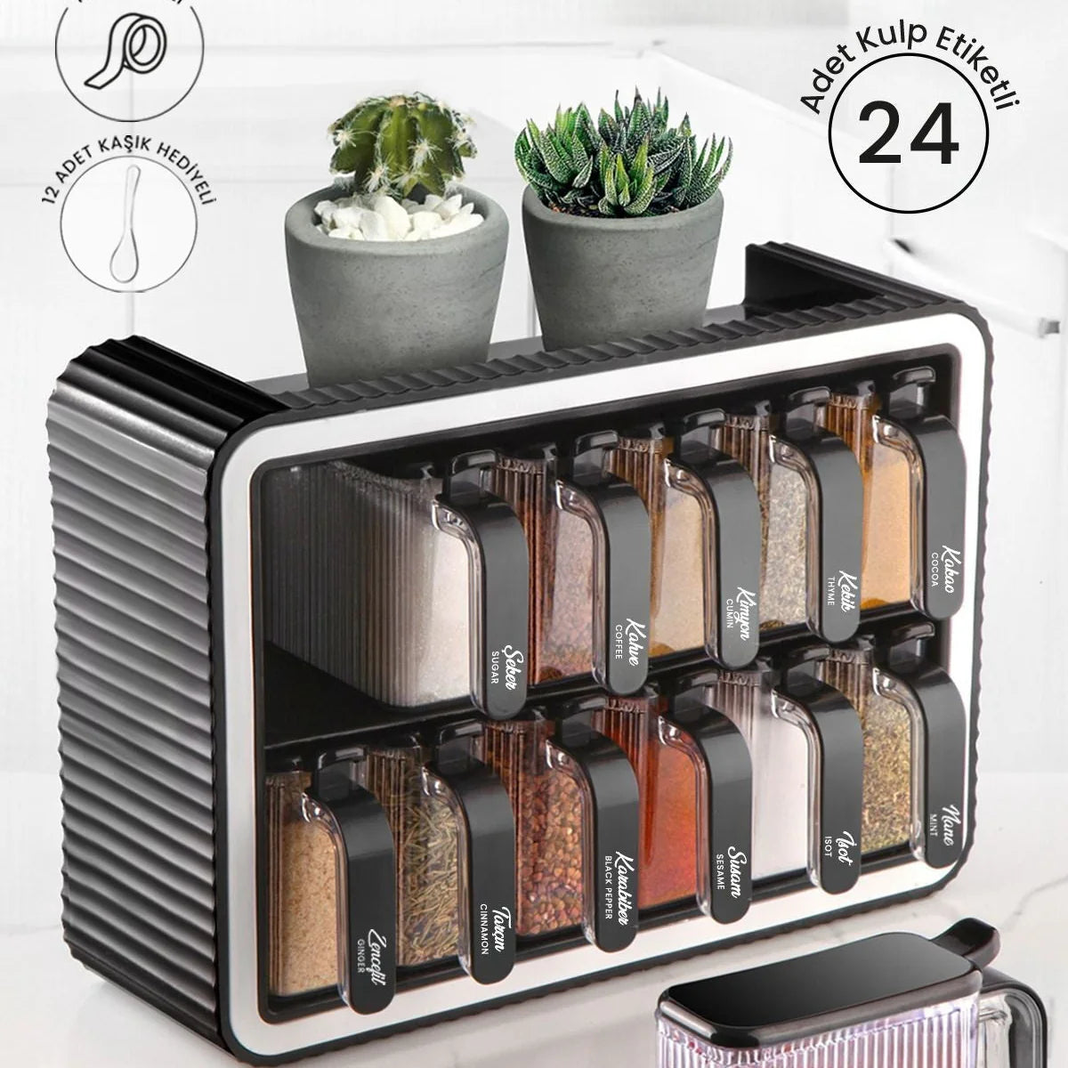 طقم 12 بُرطمان توابل مع حامل وملصقات – ترتيب مثالي ولمسة عصرية