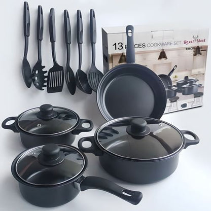 Ensemble de Batterie de Cuisine 13 Pcs, Casseroles, Poêles et Ustensiles