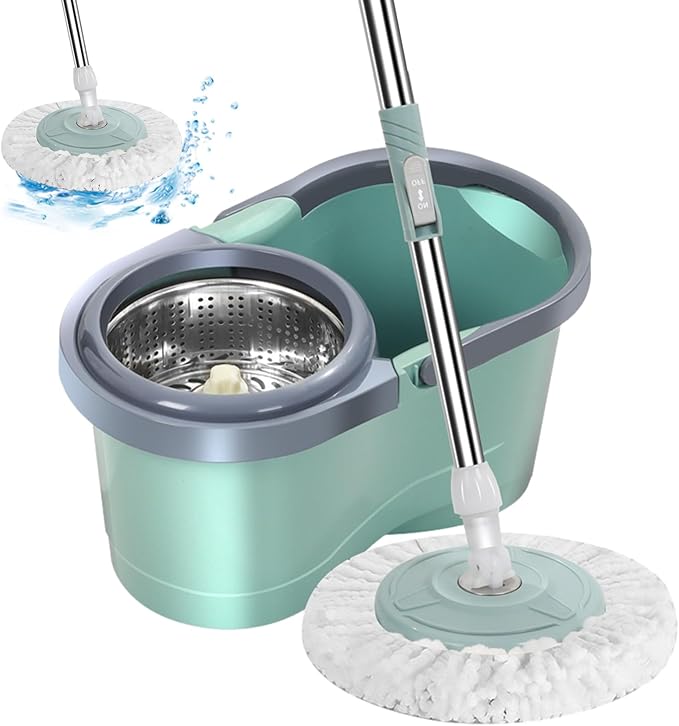 Rotating Mop Microfiber مع دلو من الفولاذ – مسح، عصر، وتنظيف بلمسة واحدة.