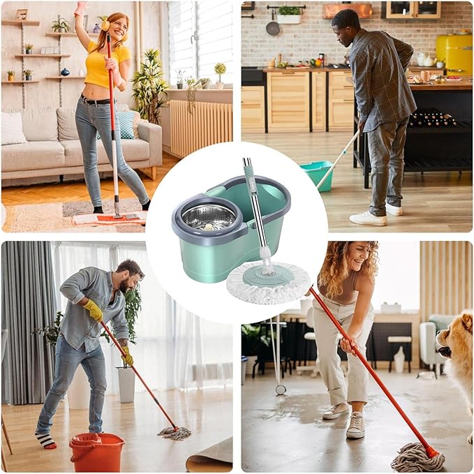 Rotating Mop Microfiber مع دلو من الفولاذ – مسح، عصر، وتنظيف بلمسة واحدة.