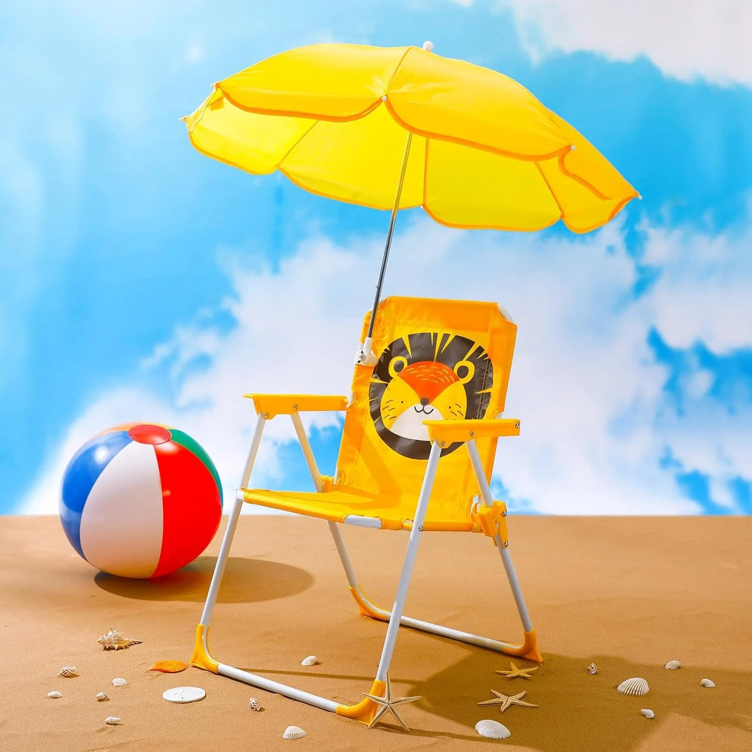 Chaise de plage pliante enfant avec parasol jaune et motif lion